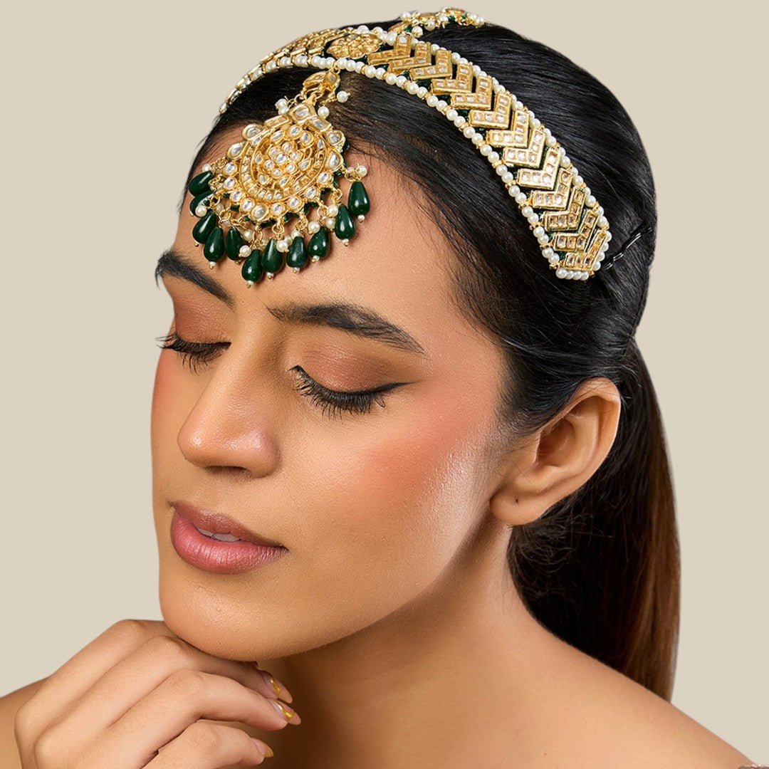 Gold Finish Green Beaded Mathapatti - Auraa Trends - Mathapati - # - Auraa Trends - Gold Finish Green Beaded Mathapatti