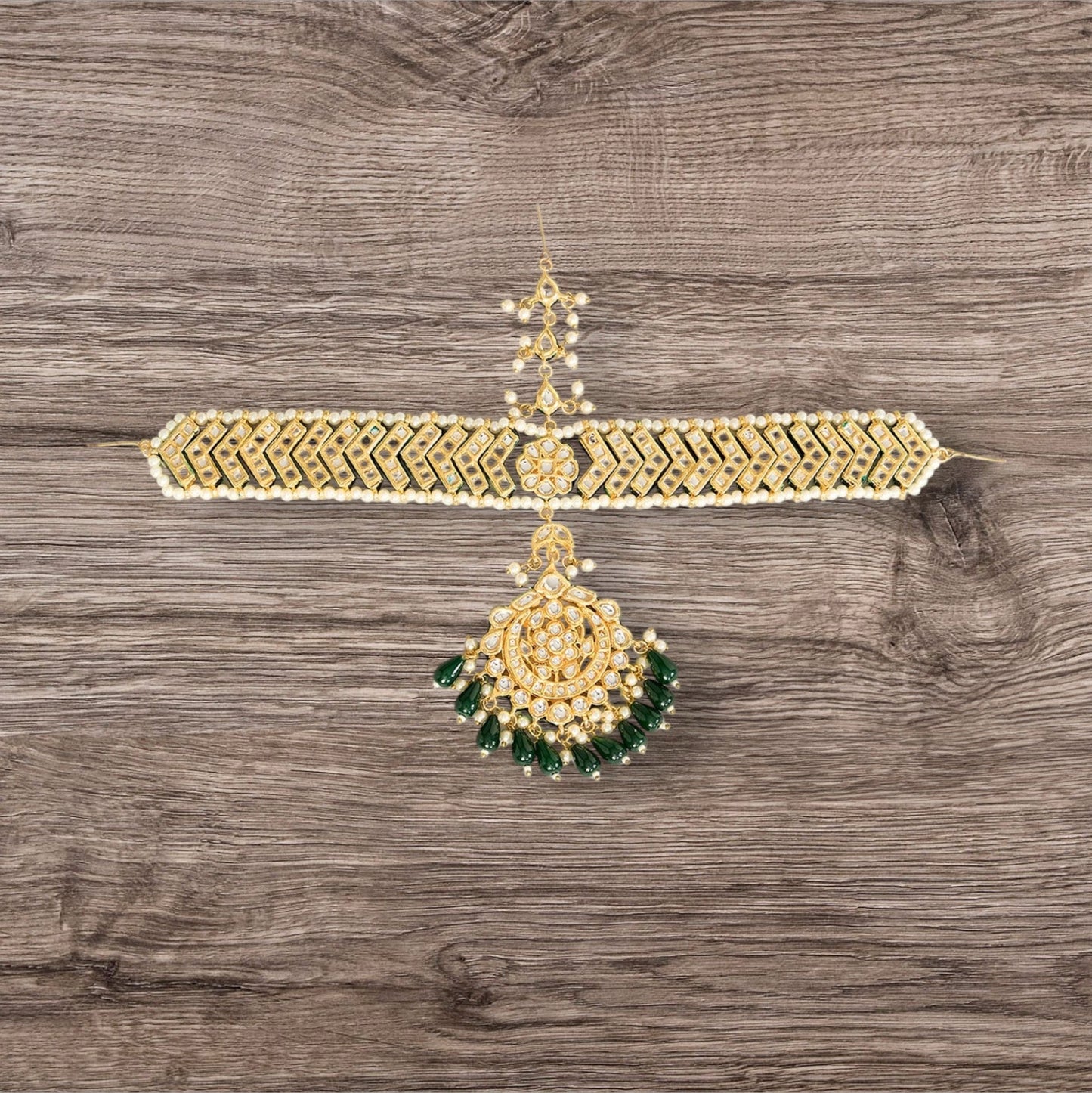Gold Finish Green Beaded Mathapatti - Auraa Trends - Mathapati - # - Auraa Trends - Gold Finish Green Beaded Mathapatti