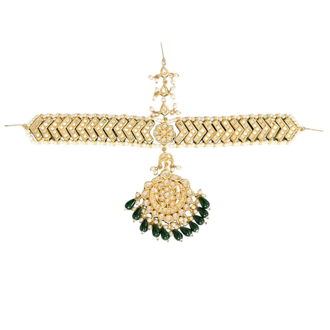 Gold Finish Green Beaded Mathapatti - Auraa Trends - Mathapati - # - Auraa Trends - Gold Finish Green Beaded Mathapatti