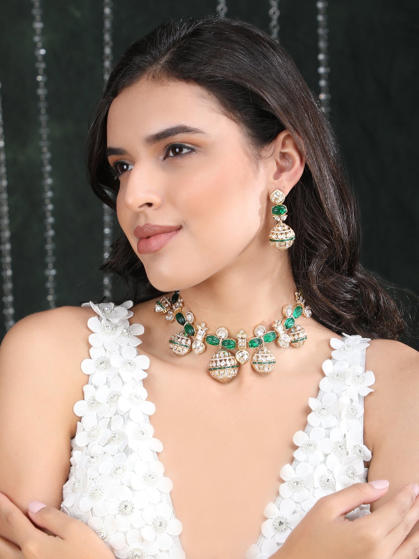 Gold Finish Green Kundan Polki Choker Necklace Set - Auraa Trends - Necklace Set - Alloy Bridal Collection Exclusive Sale