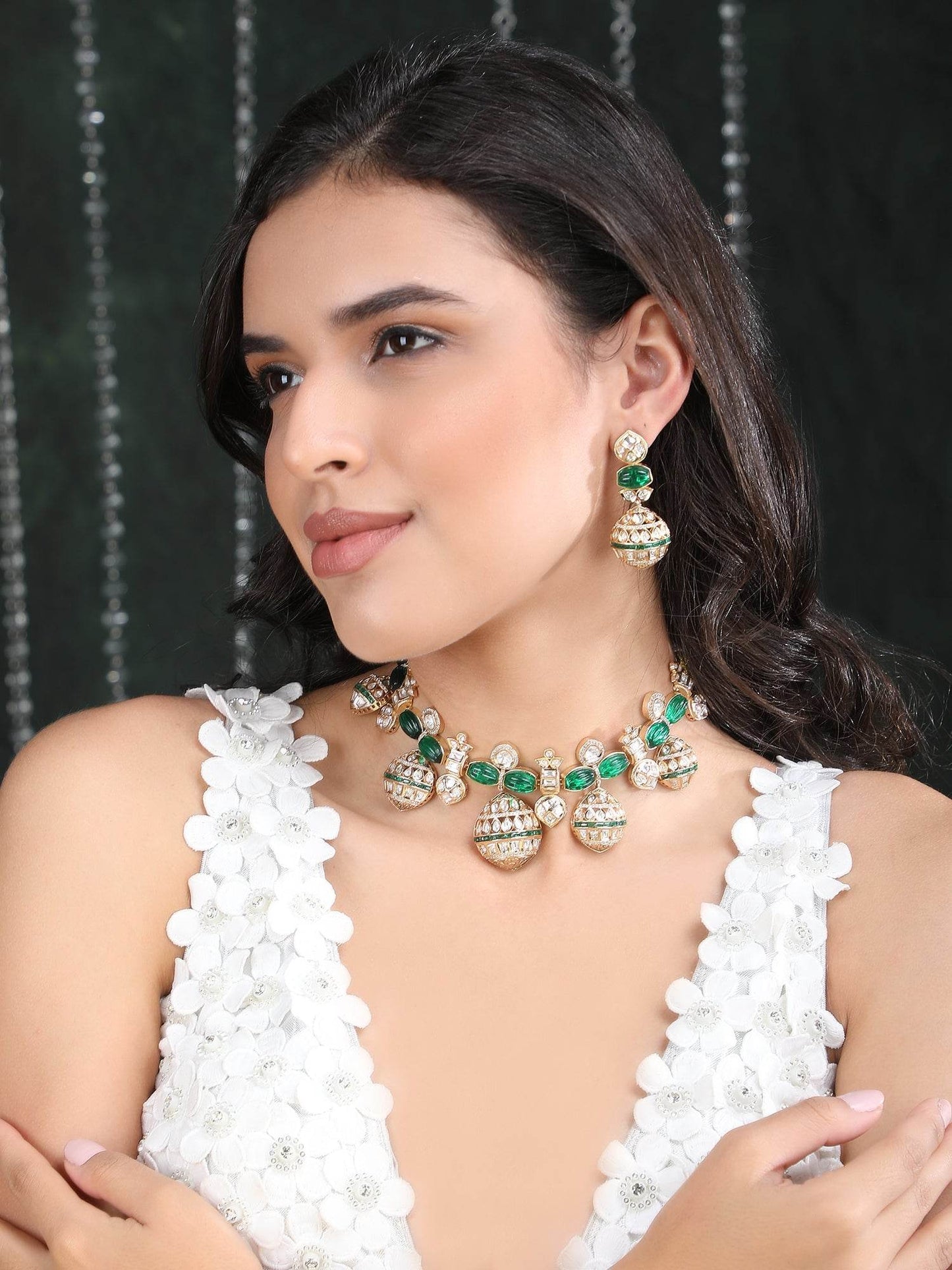 Gold Finish Green Kundan Polki Choker Necklace Set - Auraa Trends