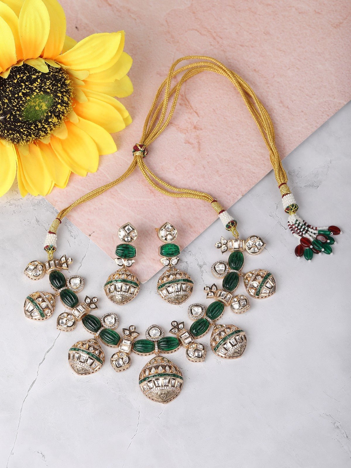 Gold Finish Green Kundan Polki Choker Necklace Set - Auraa Trends - Necklace Set - Alloy Bridal Collection Exclusive Sale