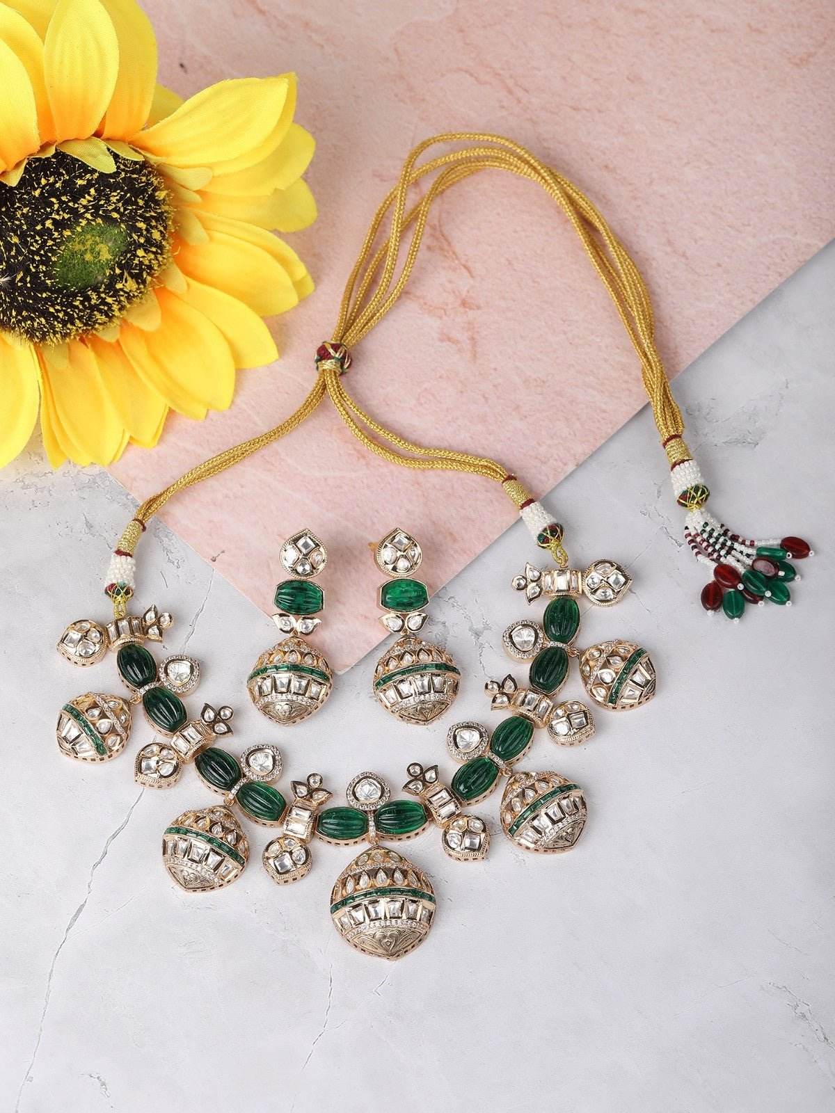 Gold Finish Green Kundan Polki Choker Necklace Set - Auraa Trends