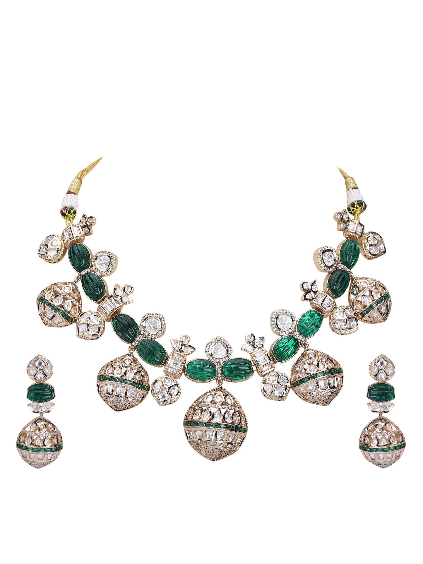 Gold Finish Green Kundan Polki Choker Necklace Set - Auraa Trends - Necklace Set - Alloy Bridal Collection Exclusive Sale