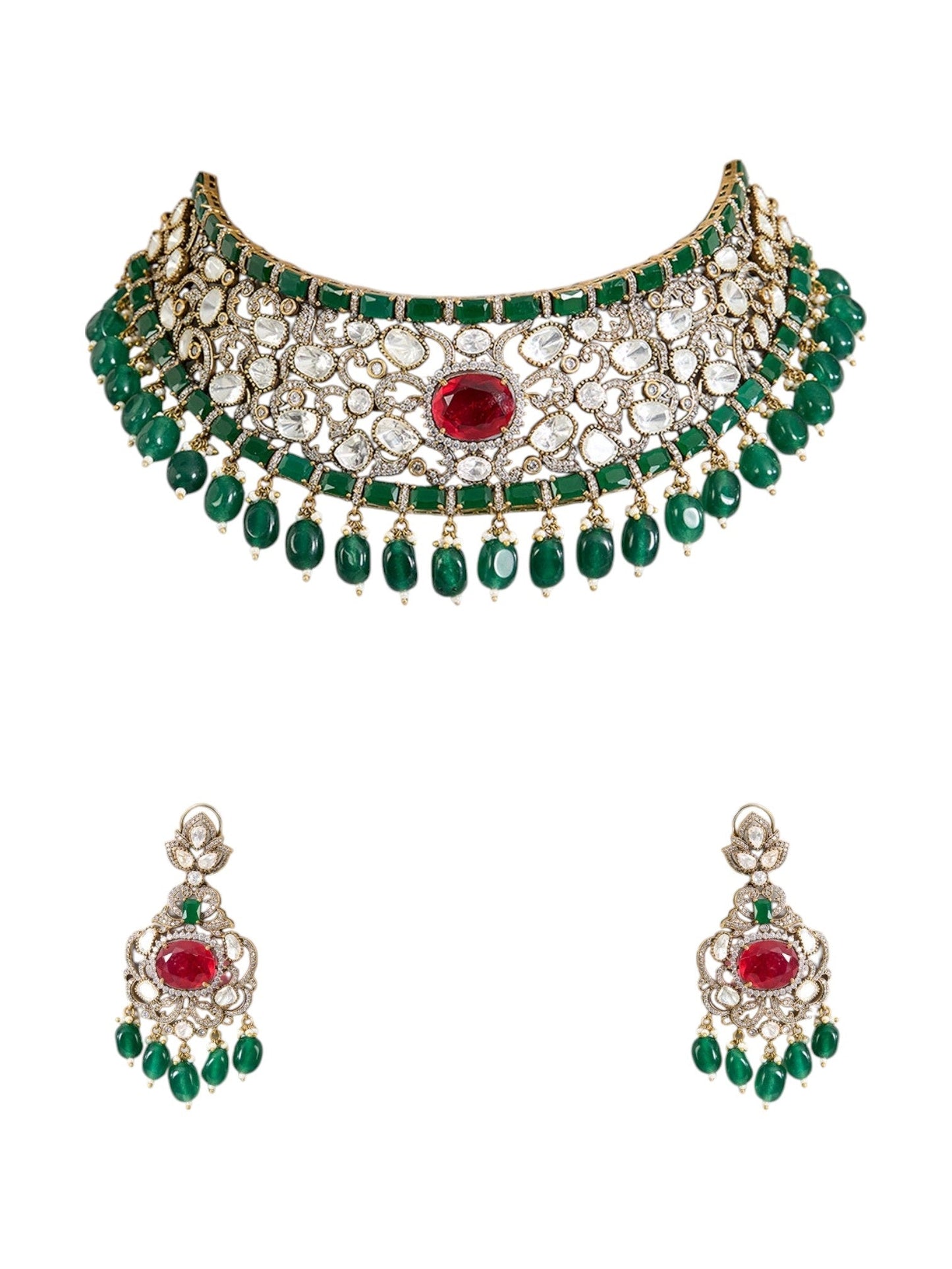Gold Finish Hand - Set Kundan Polki & Deep Green Beaded Choker Necklace Set - Auraa Trends - Necklace - - Auraa Trends - Gold finish choker necklace with hand - set kundan polki and deep green beads Traditional Indian choker set with kundan polki and matching dangler earrings Bridal green beaded choker necklace with gold finish Ethnic kundan polki necklace set with green beads and dangler earrings