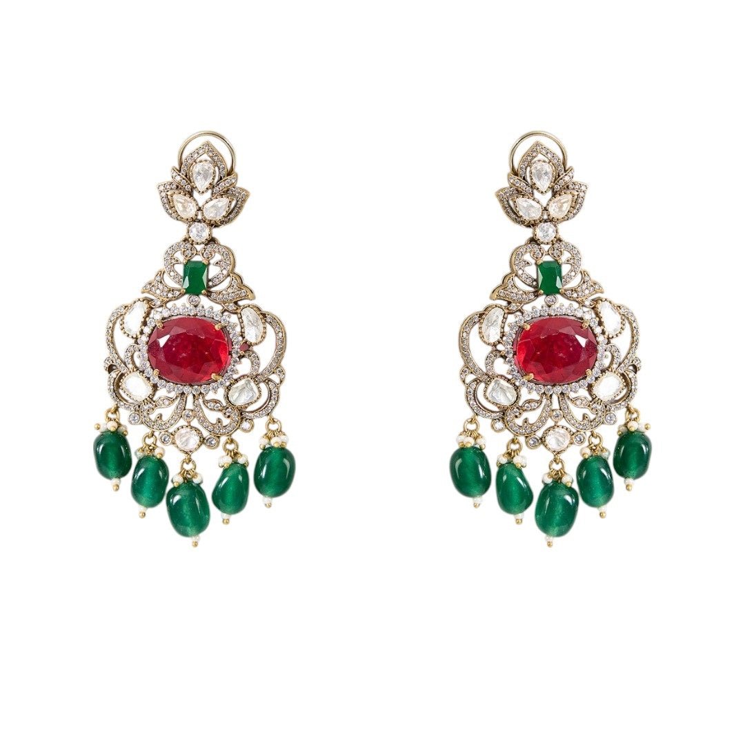 Gold Finish Hand - Set Kundan Polki & Deep Green Beaded Choker Necklace Set - Auraa Trends - Necklace - - Auraa Trends - Gold finish choker necklace with hand - set kundan polki and deep green beads Traditional Indian choker set with kundan polki and matching dangler earrings Bridal green beaded choker necklace with gold finish Ethnic kundan polki necklace set with green beads and dangler earrings
