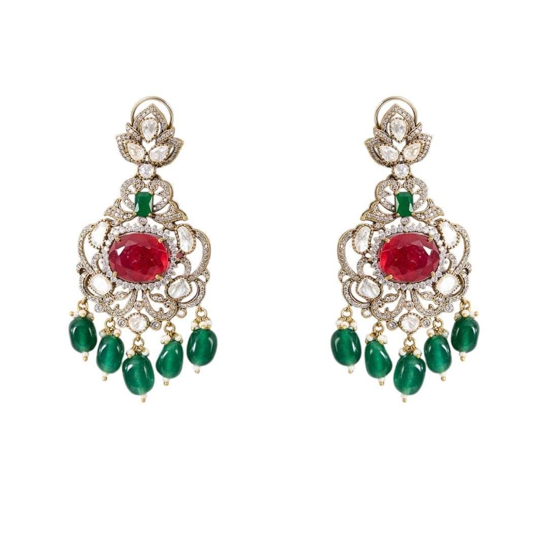 Gold Finish Hand-Set Kundan Polki & Deep Green Beaded Choker Necklace Set - Auraa Trends