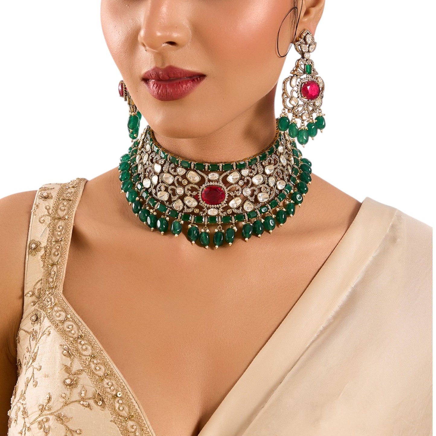 Gold Finish Hand - Set Kundan Polki & Deep Green Beaded Choker Necklace Set - Auraa Trends - Necklace - - Auraa Trends - Gold finish choker necklace with hand - set kundan polki and deep green beads Traditional Indian choker set with kundan polki and matching dangler earrings Bridal green beaded choker necklace with gold finish Ethnic kundan polki necklace set with green beads and dangler earrings