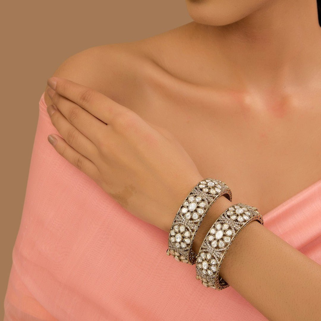 Gold Finish Kundan Polki Bangles (Set Of 2) - Auraa Trends - Bangles - # - Auraa Trends - Gold Finish Kundan Polki Bangles (Set Of 2)