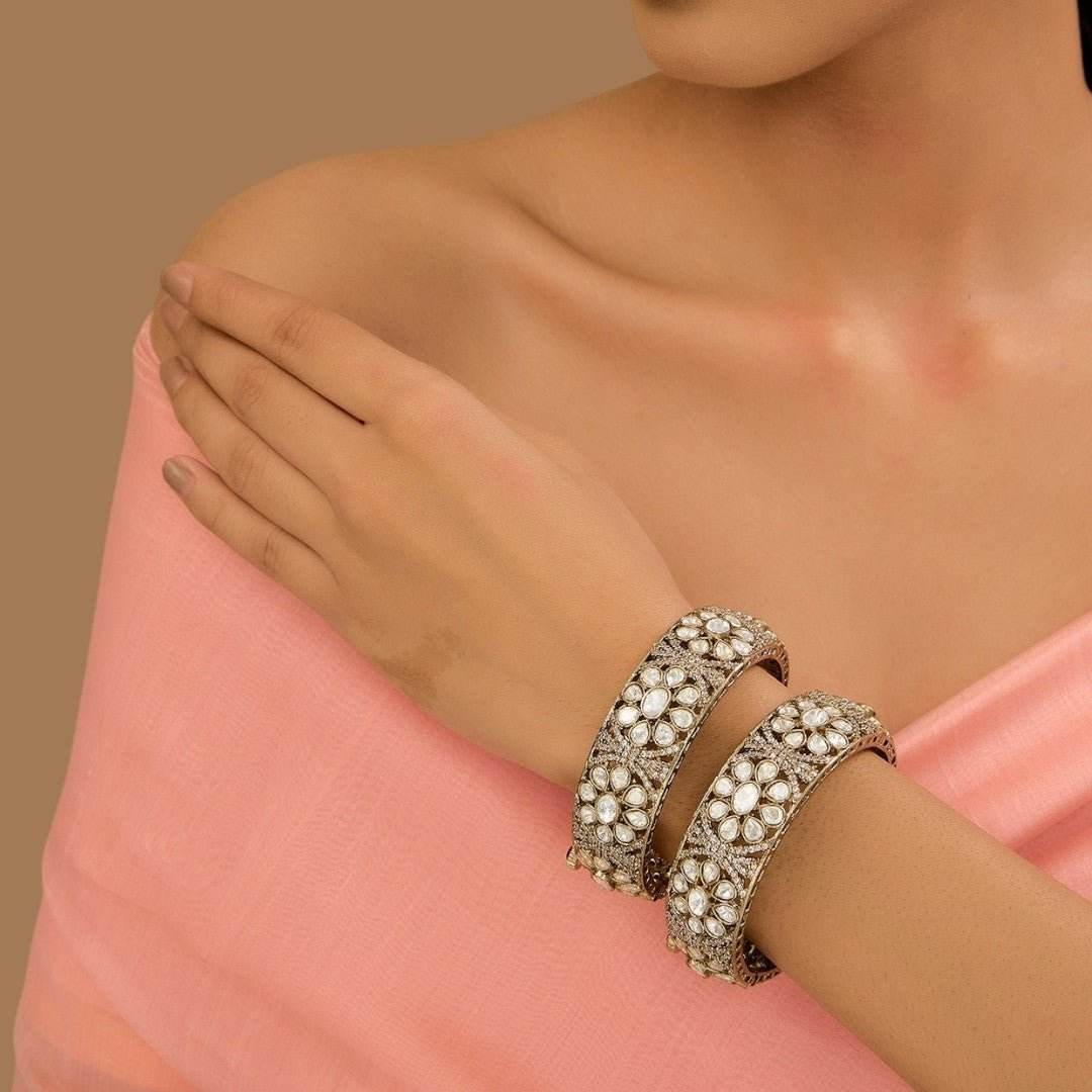 Gold Finish Kundan Polki Bangles (Set Of 2) - Auraa Trends