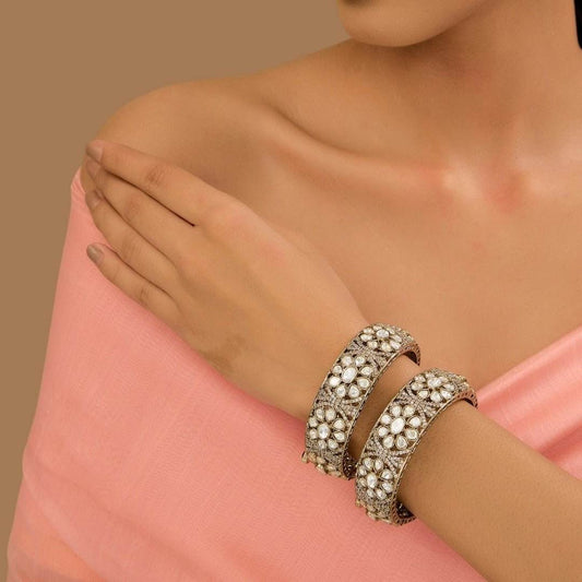 Gold Finish Kundan Polki Bangles (Set Of 2) - Auraa Trends