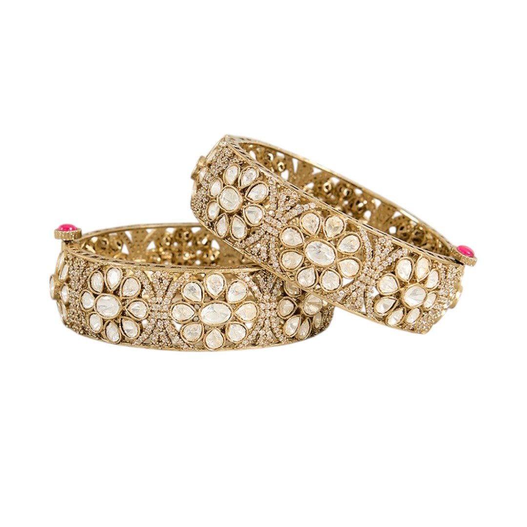 Gold Finish Kundan Polki Bangles (Set Of 2) - Auraa Trends - Bangles - # - Auraa Trends - Gold Finish Kundan Polki Bangles (Set Of 2)