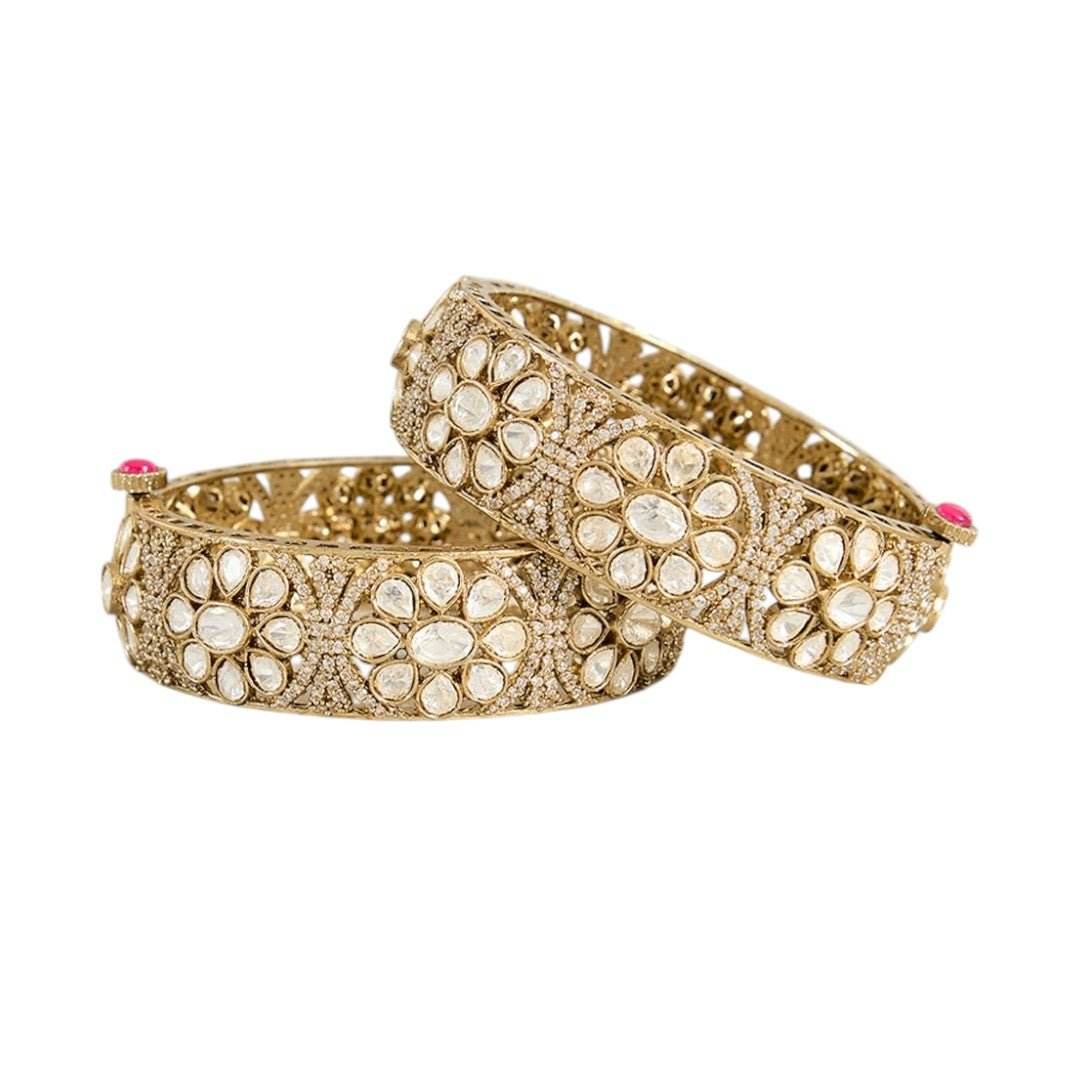 Gold Finish Kundan Polki Bangles (Set Of 2) - Auraa Trends