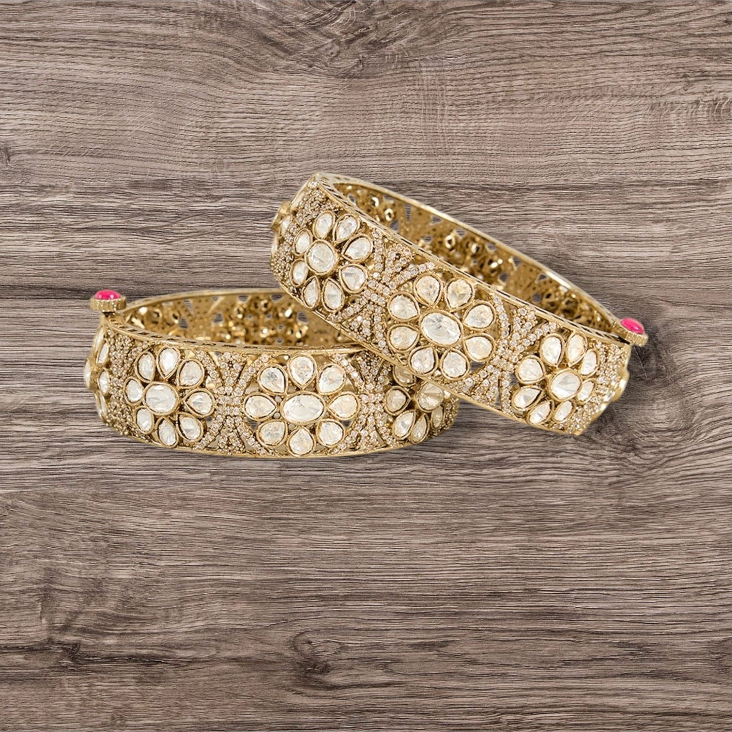 Gold Finish Kundan Polki Bangles (Set Of 2) - Auraa Trends - Bangles - # - Auraa Trends - Gold Finish Kundan Polki Bangles (Set Of 2)