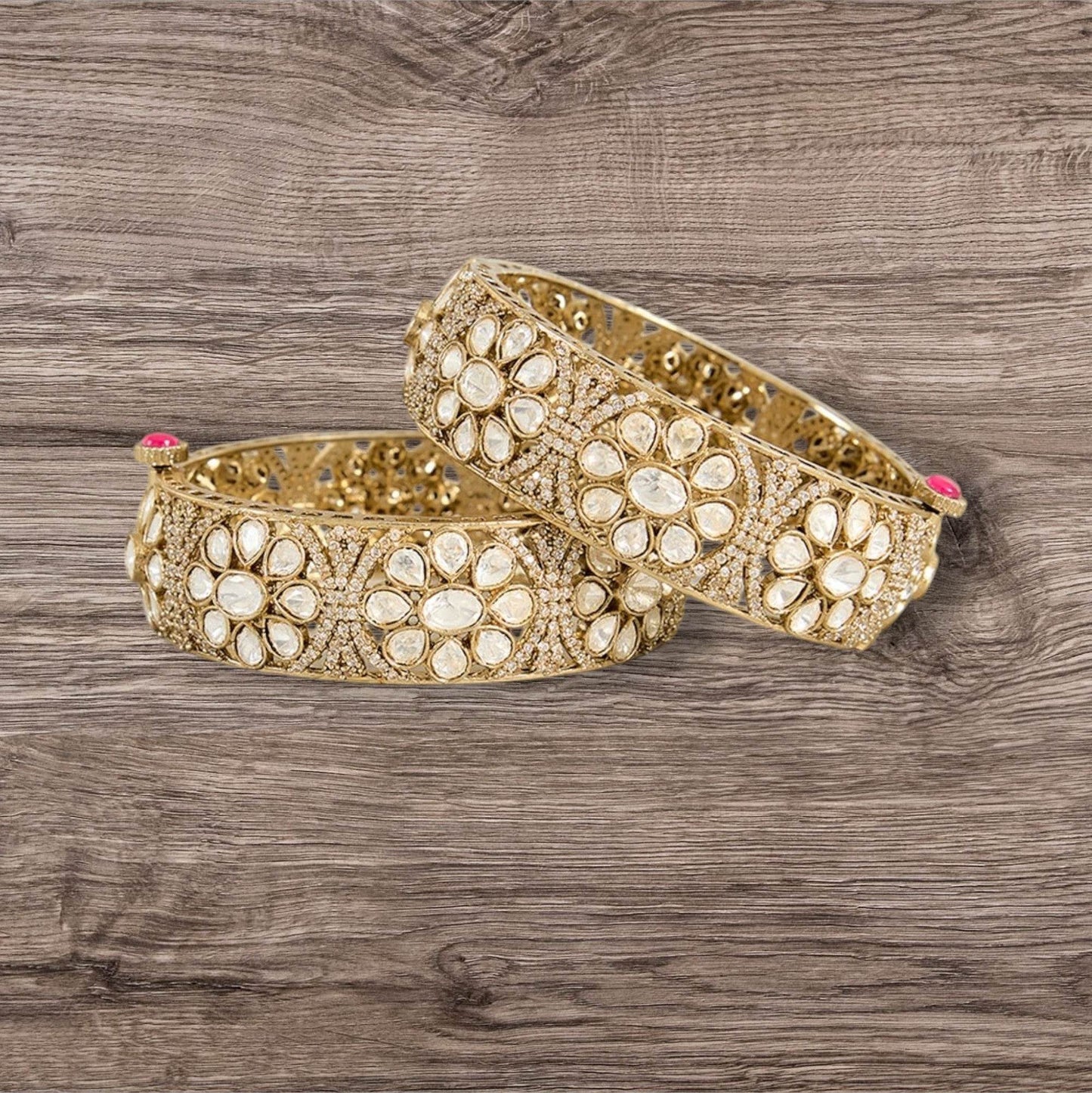 Gold Finish Kundan Polki Bangles (Set Of 2) - Auraa Trends