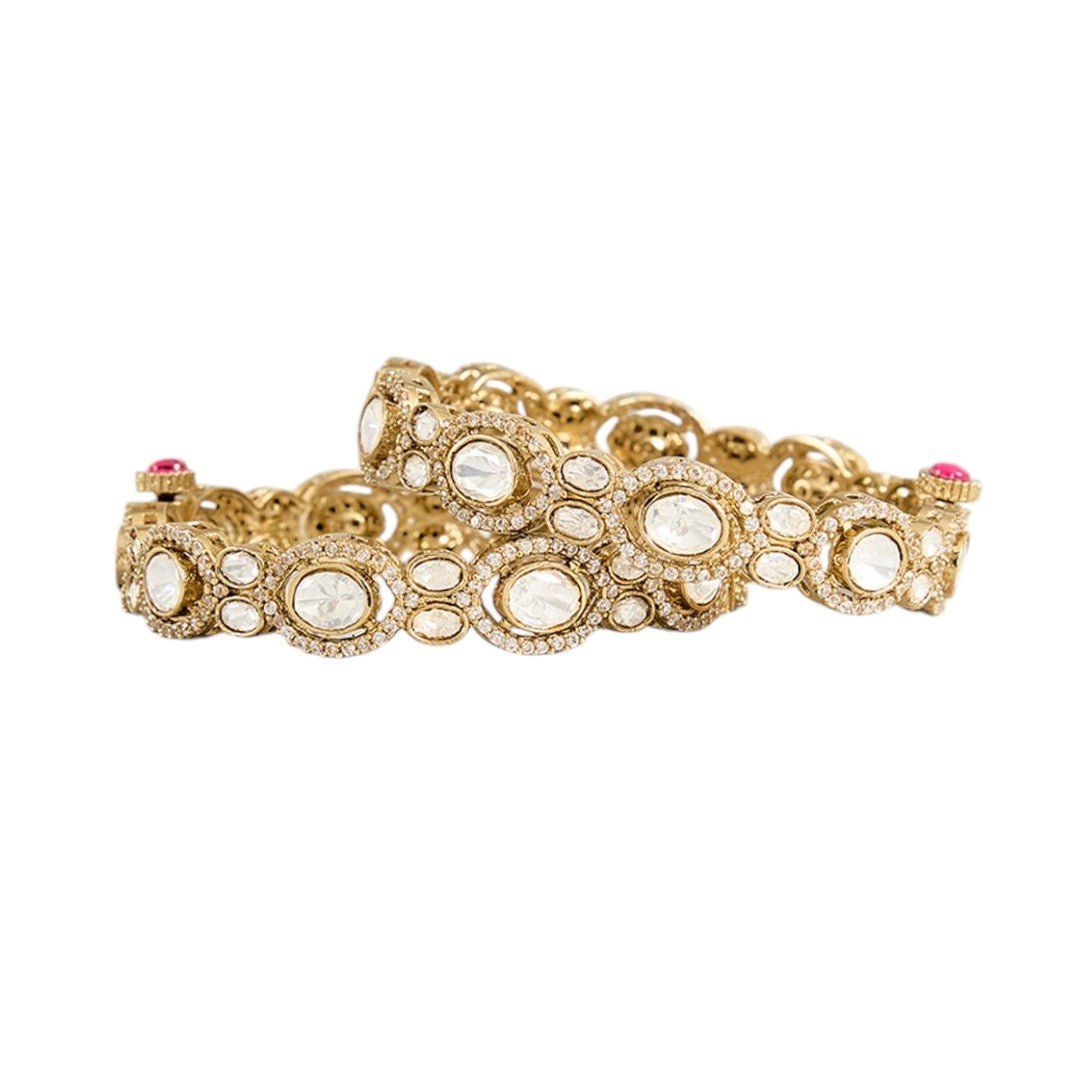 Gold Finish Kundan Polki Bangles Set Of 2 - Auraa Trends - Bangles - # - Auraa Trends - Gold Finish Kundan Polki Bangles Set Of 2