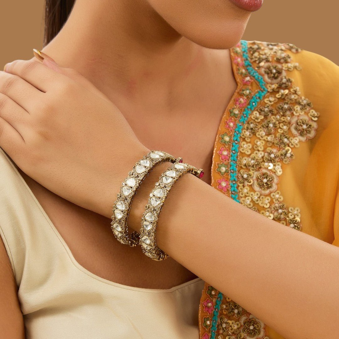 Gold Finish Kundan Polki & Beaded Enameled Bangles (Set of 2) - Auraa Trends - Bangles - # - Auraa Trends - Gold Finish Kundan Polki & Beaded Enameled Bangles (Set of 2)