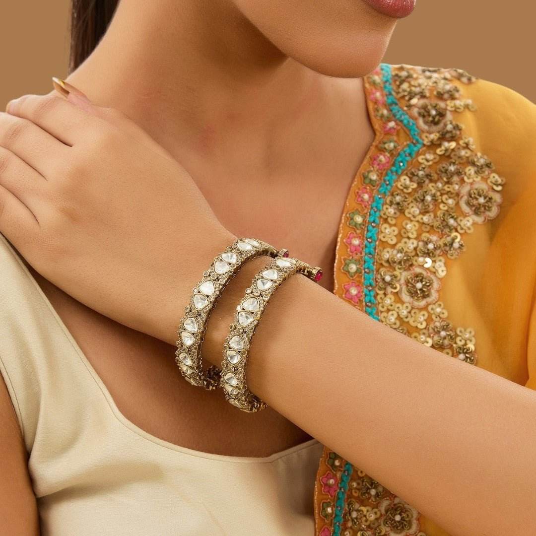 Gold Finish Kundan Polki & Beaded Enameled Bangles (Set of 2) - Auraa Trends