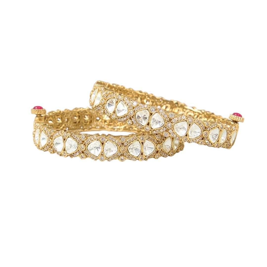Gold Finish Kundan Polki & Beaded Enameled Bangles (Set of 2) - Auraa Trends