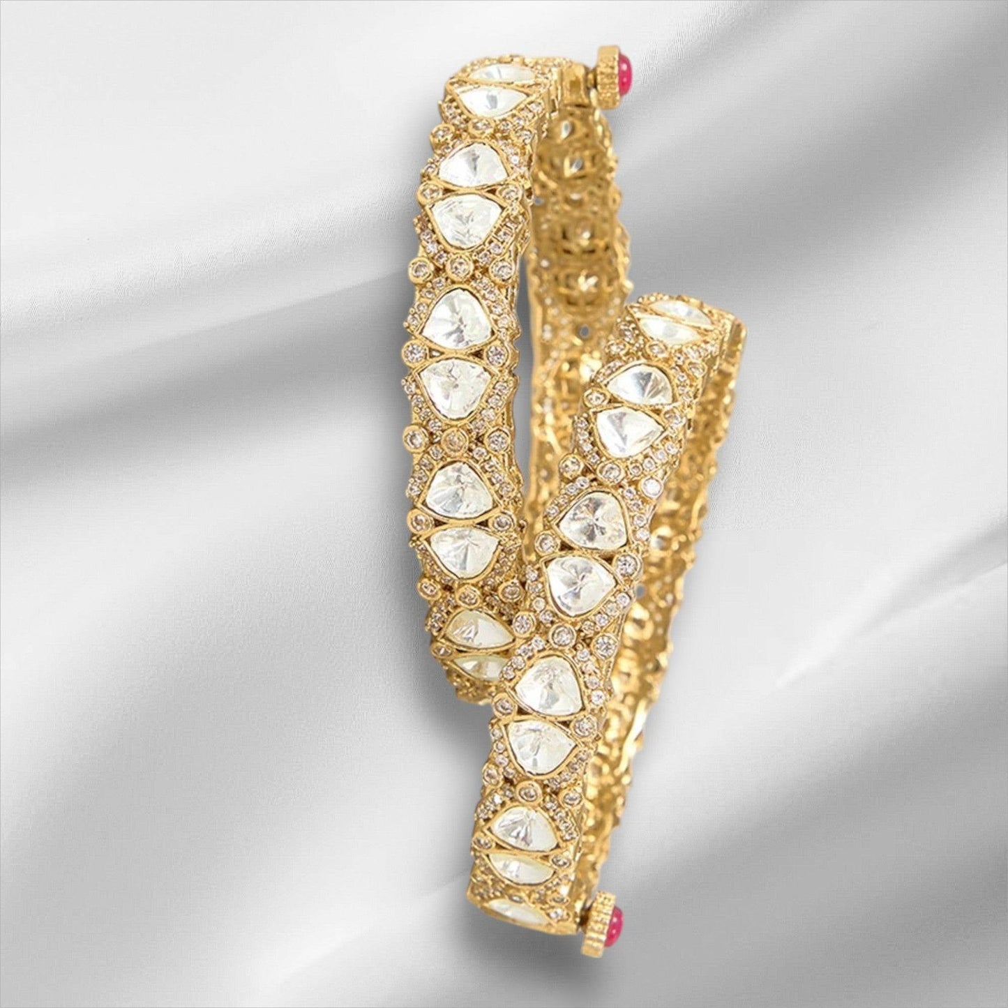 Gold Finish Kundan Polki & Beaded Enameled Bangles (Set of 2) - Auraa Trends