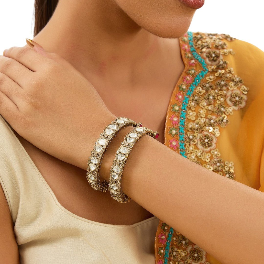Gold Finish Kundan Polki & Beaded Enameled Bangles (Set of 2) - Auraa Trends - Bangles - # - Auraa Trends - Gold Finish Kundan Polki & Beaded Enameled Bangles (Set of 2)