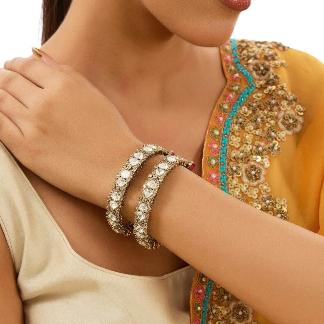 Gold Finish Kundan Polki & Beaded Enameled Bangles (Set of 2) - Auraa Trends