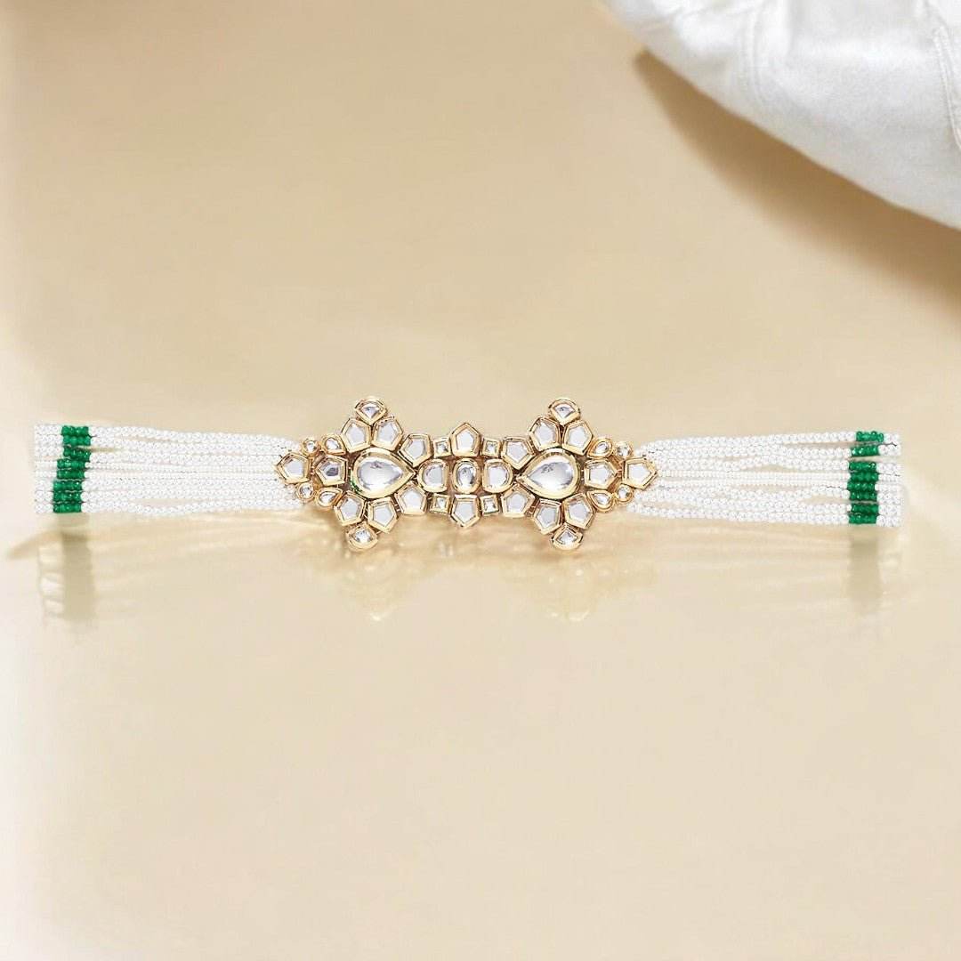 Gold Finish Kundan Polki & Beaded Waist Belt - Auraa Trends