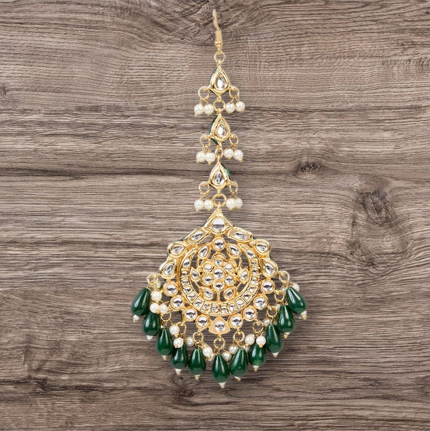 Gold Finish Kundan Polki Chandbali Earrings With Maang Tikka - Auraa Trends - Earring Set - # - Auraa Trends - Gold Finish Kundan Polki Chandbali Earrings With Maang Tikka