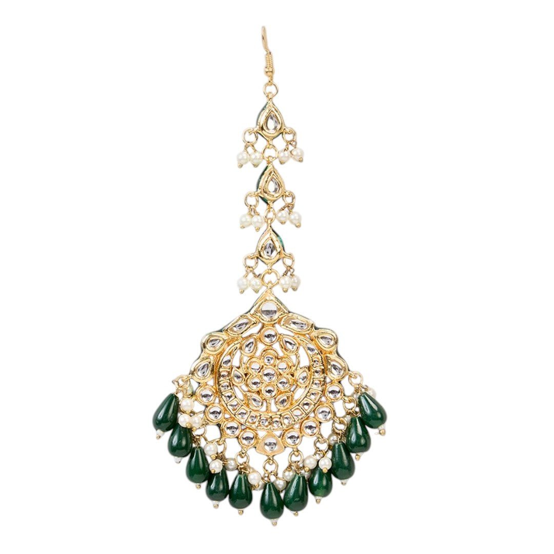 Gold Finish Kundan Polki Chandbali Earrings With Maang Tikka - Auraa Trends - Earring Set - # - Auraa Trends - Gold Finish Kundan Polki Chandbali Earrings With Maang Tikka