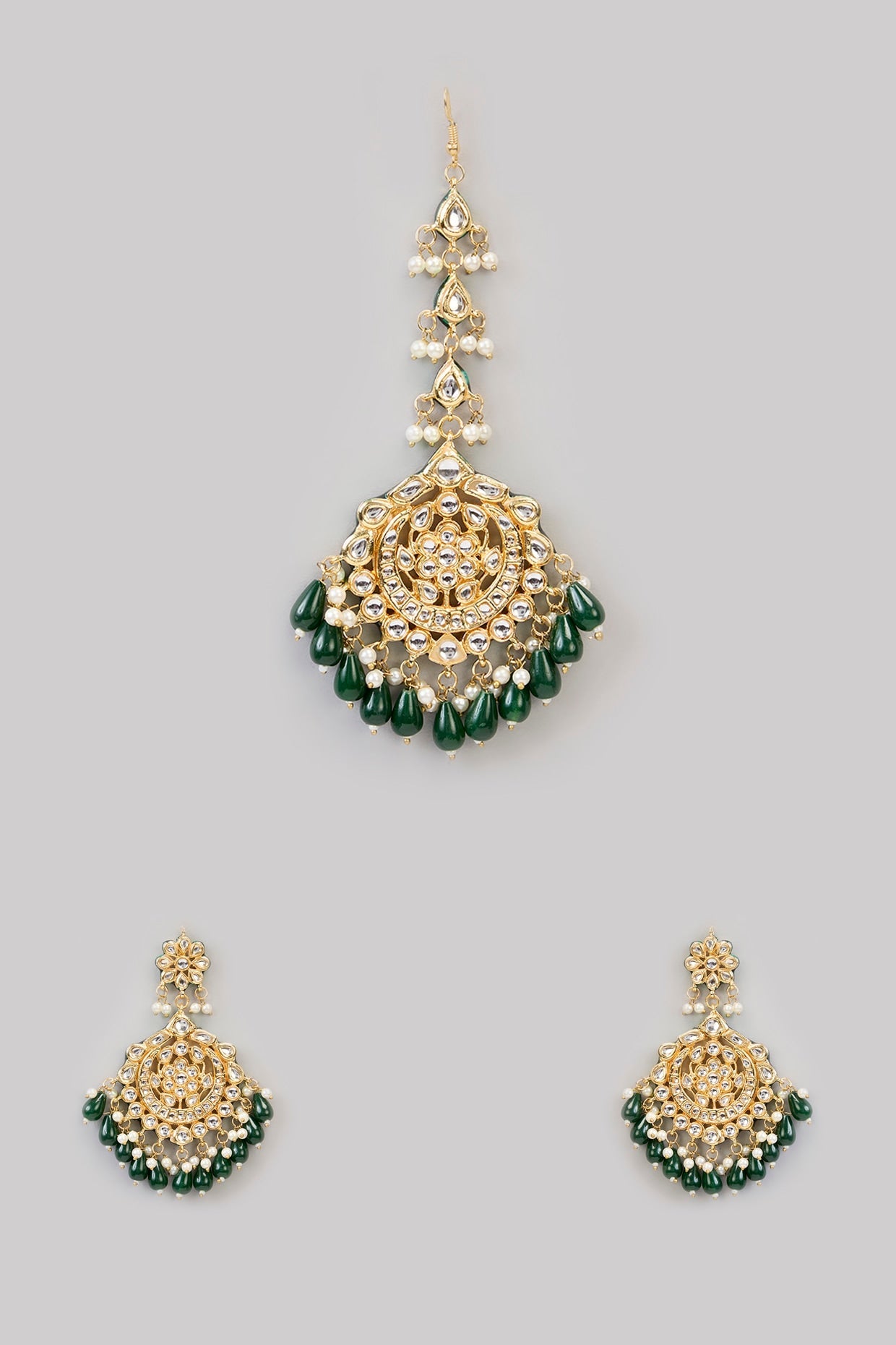 Gold Finish Kundan Polki Chandbali Earrings With Maang Tikka - Auraa Trends - Earring Set - # - Auraa Trends - Gold Finish Kundan Polki Chandbali Earrings With Maang Tikka