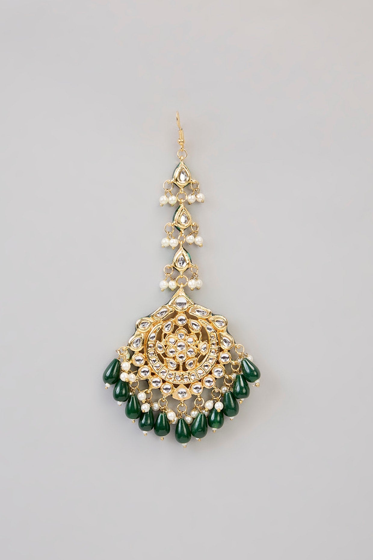 Gold Finish Kundan Polki Chandbali Earrings With Maang Tikka - Auraa Trends - Earring Set - # - Auraa Trends - Gold Finish Kundan Polki Chandbali Earrings With Maang Tikka
