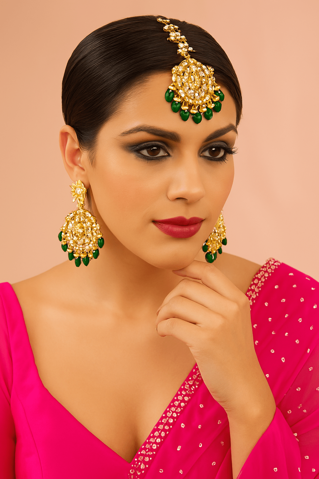 Gold Finish Kundan Polki Chandbali Earrings With Maang Tikka - Auraa Trends - Earring Set - # - Auraa Trends - Gold Finish Kundan Polki Chandbali Earrings With Maang Tikka