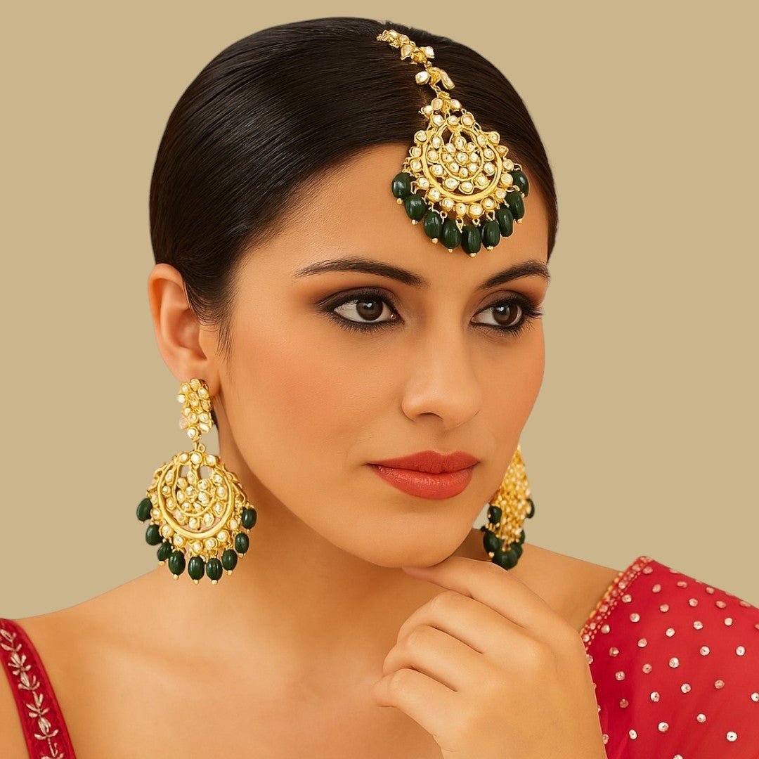 Gold Finish Kundan Polki Chandbali Earrings With Maang Tikka - Auraa Trends - Earring Set - # - Auraa Trends - Gold Finish Kundan Polki Chandbali Earrings With Maang Tikka
