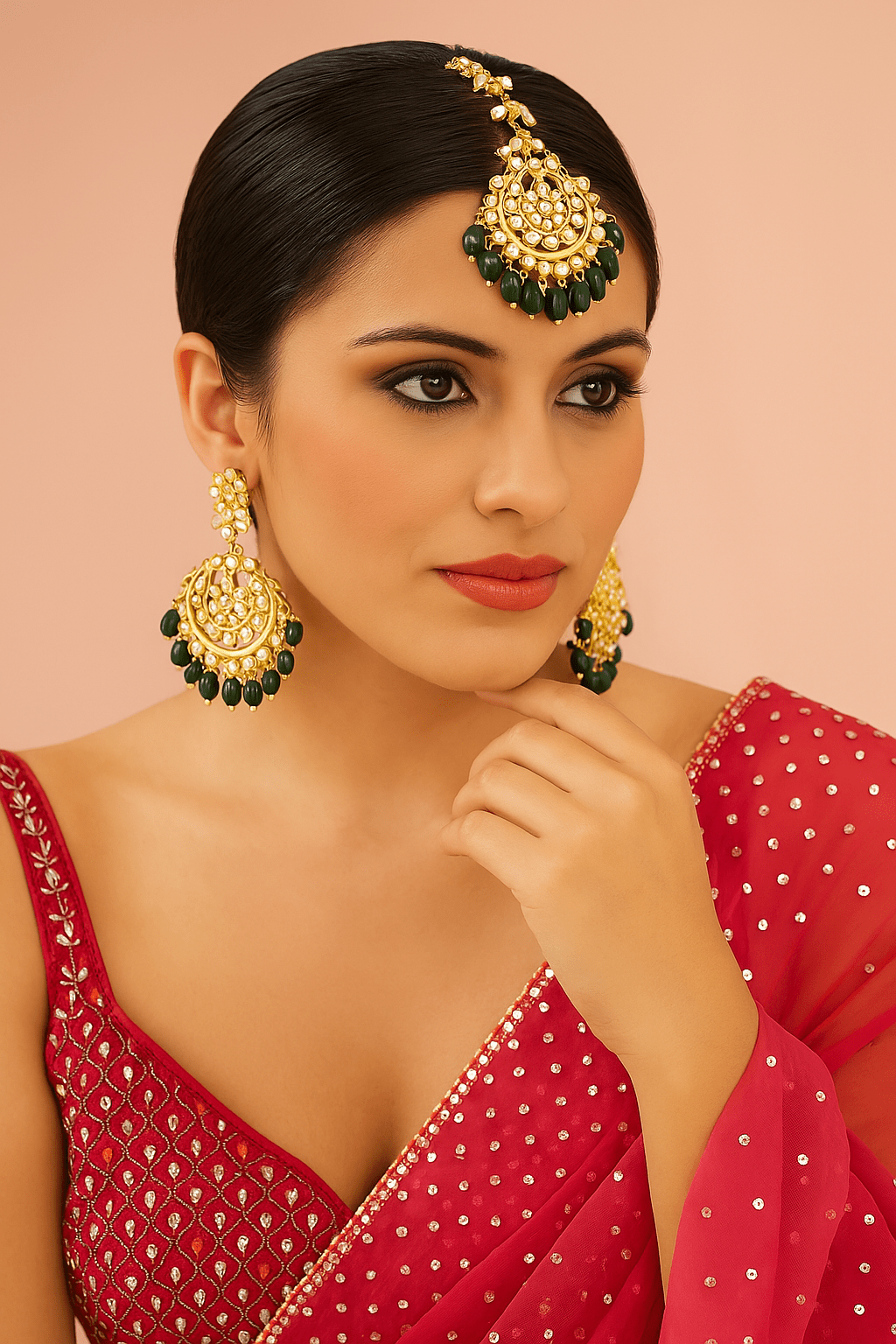 Gold Finish Kundan Polki Chandbali Earrings With Maang Tikka - Auraa Trends - Earring Set - # - Auraa Trends - Gold Finish Kundan Polki Chandbali Earrings With Maang Tikka
