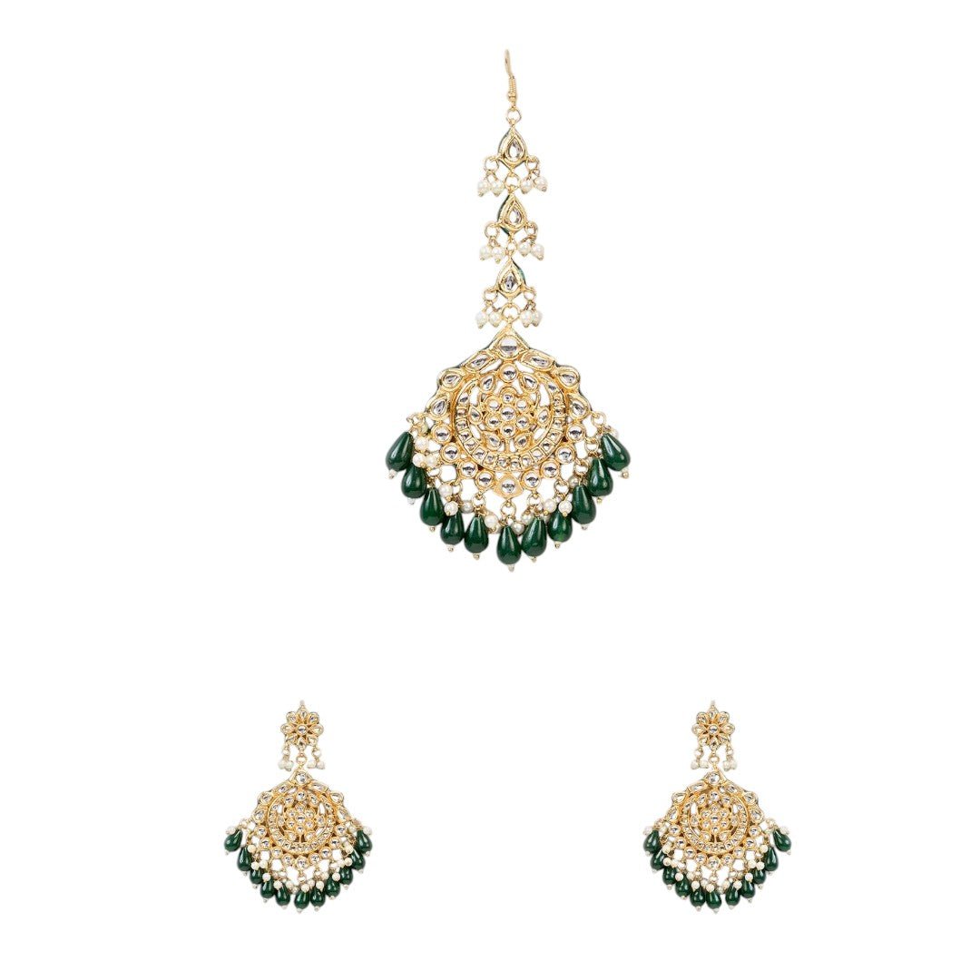 Gold Finish Kundan Polki Chandbali Earrings With Maang Tikka - Auraa Trends - Earring Set - # - Auraa Trends - Gold Finish Kundan Polki Chandbali Earrings With Maang Tikka