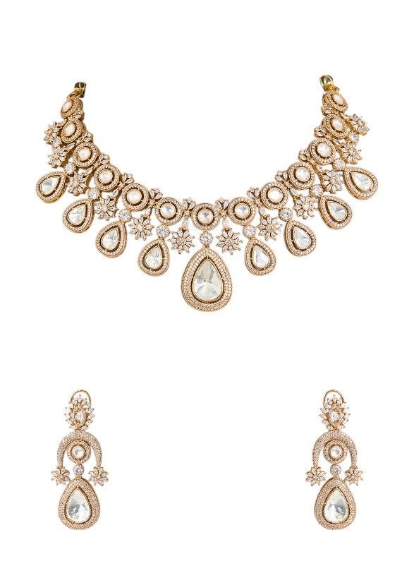 Gold Finish Kundan Polki Choker Necklace Set – Traditional Indian Jewelry for Weddings & Festivals - Auraa Trends - Necklace - - Auraa Trends - Gold Finish Kundan Polki Choker Necklace Set – Traditional Indian Jewelry for Weddings & Festivals