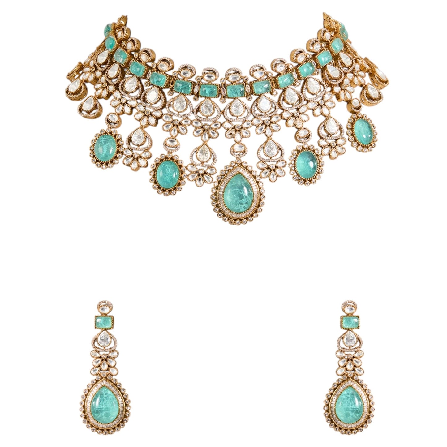 Gold - Finish Kundan Polki Choker Necklace Set with Aqua Blue Beads & Matching Earrings - Auraa Trends - Necklace - - Auraa Trends - Gold - Finish Kundan Polki Choker Necklace Set with Aqua Blue Beads & Matching Earrings