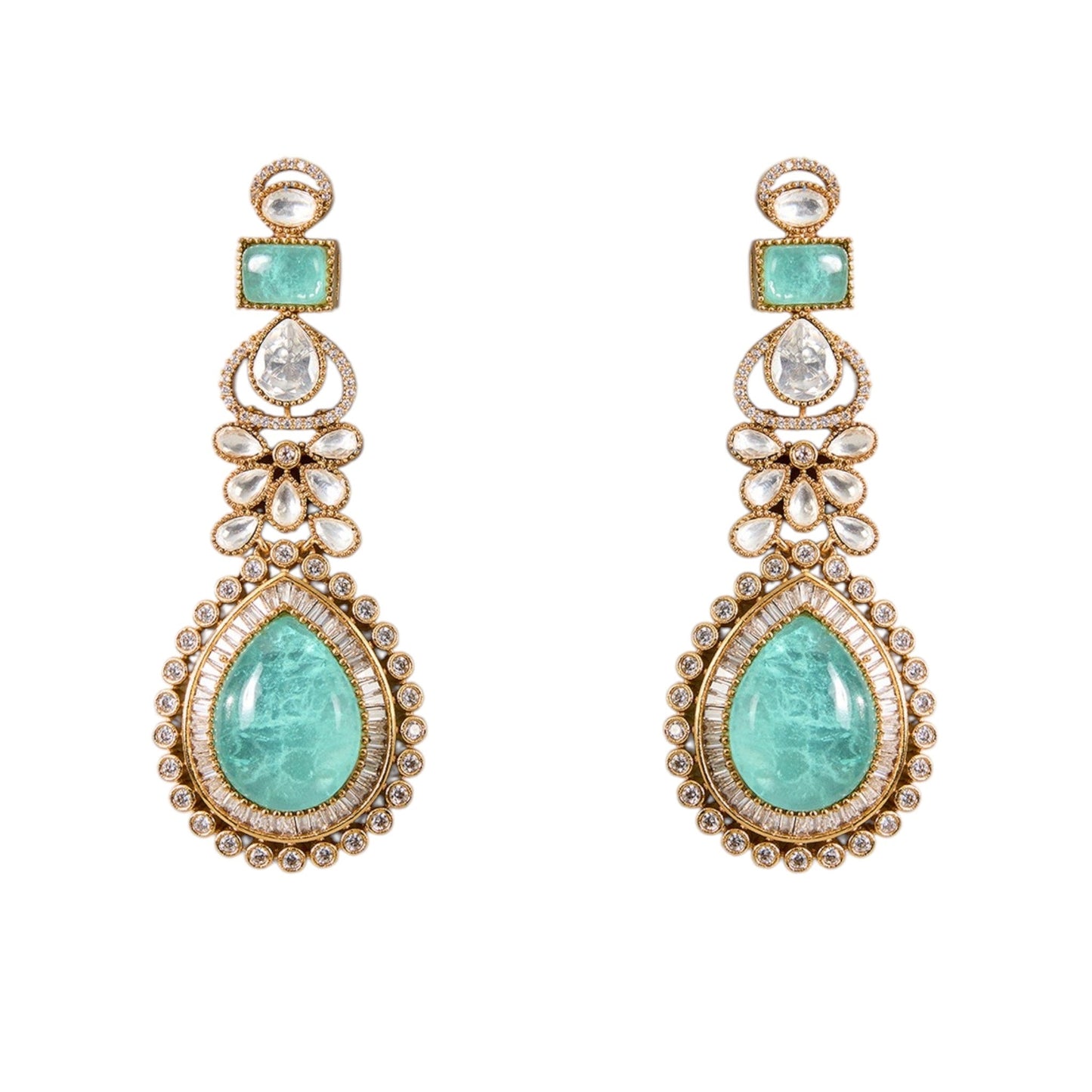 Gold - Finish Kundan Polki Choker Necklace Set with Aqua Blue Beads & Matching Earrings - Auraa Trends - Necklace - - Auraa Trends - Gold - Finish Kundan Polki Choker Necklace Set with Aqua Blue Beads & Matching Earrings