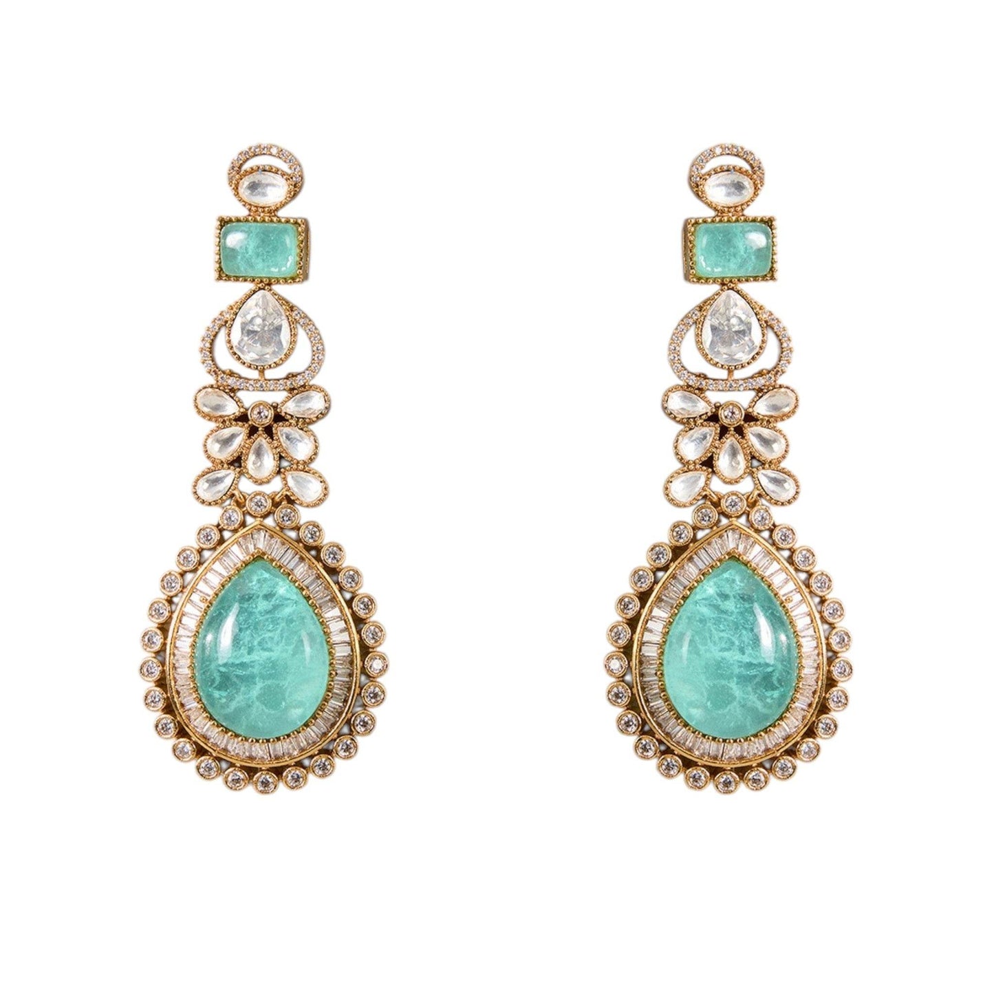 Gold-Finish Kundan Polki Choker Necklace Set with Aqua Blue Beads & Matching Earrings - Auraa Trends