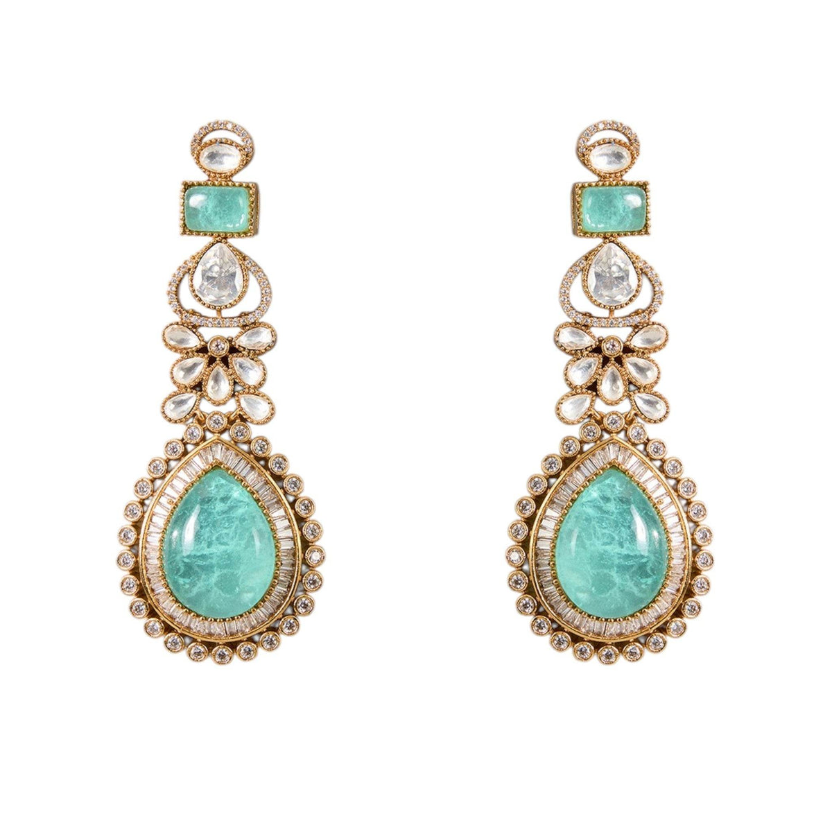 Gold-Finish Kundan Polki Choker Necklace Set with Aqua Blue Beads & Matching Earrings - Auraa Trends