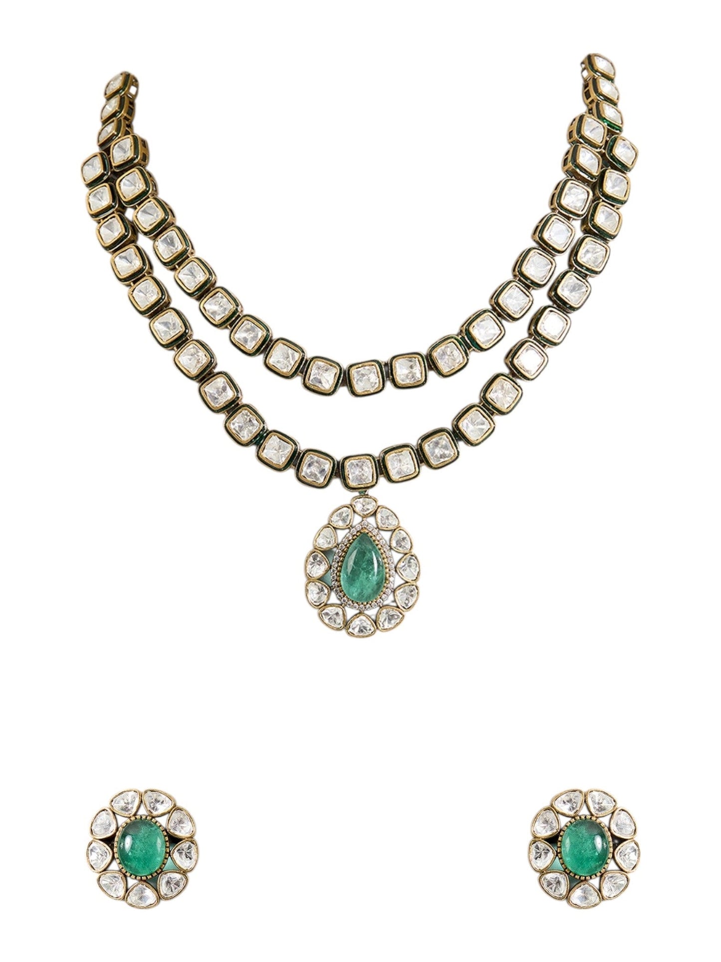 Gold Finish Kundan Polki Choker Necklace Set with Emerald Drop โ Indian Bridal Jewelry - Auraa Trends - Necklace - - Auraa Trends - Gold Finish Kundan Polki Choker Necklace with Emerald Drops Traditional Indian Bridal Necklace Set with Stud Earrings Wedding Jewelry Set โ Gold Choker with Emerald and Kundan Polki Festive Wear Kundan Choker Necklace for Women