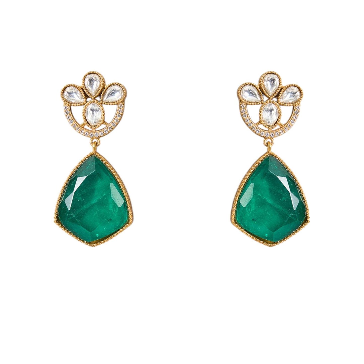 Gold Finish Kundan Polki Choker Necklace Set with Emerald Green Stones – Bridal & Festive Jewelry - Auraa Trends