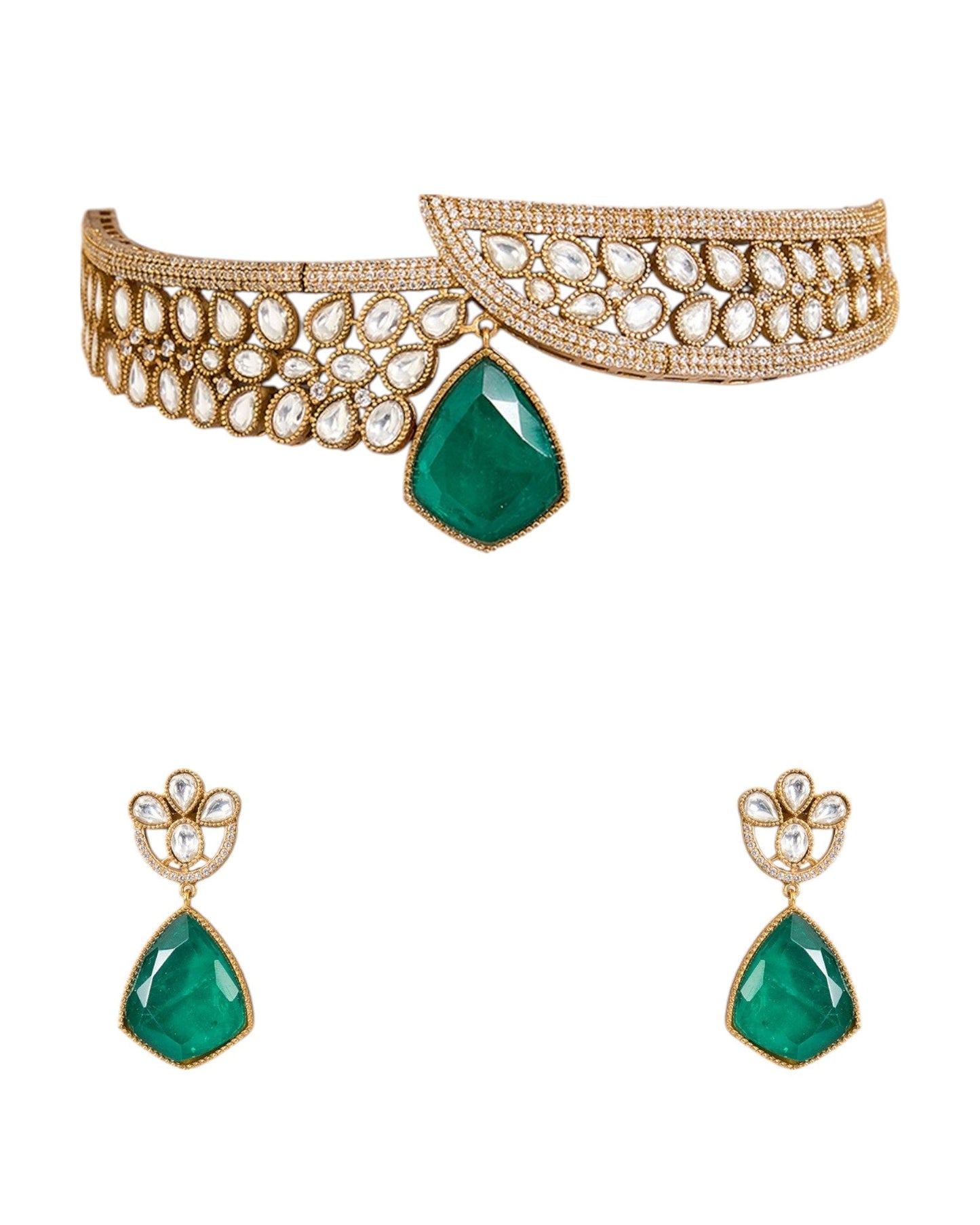 Gold Finish Kundan Polki Choker Necklace Set with Emerald Green Stones – Bridal & Festive Jewelry - Auraa Trends - Necklace Set - - Auraa Trends - Gold finish Kundan Polki choker necklace with emerald stones Emerald green stone bridal choker necklace with matching earrings Traditional Indian festive necklace set in gold with kundan work Kundan Polki and emerald necklace set for weddings and festivals Designer bridal choker set with gold polish and green stones