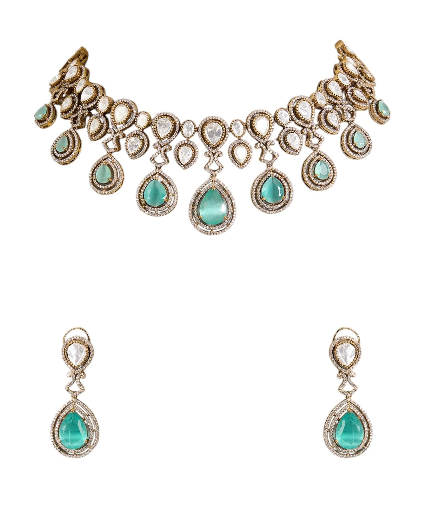 Gold Finish Kundan Polki Choker Necklace Set with Mint Green Drops – Bridal Jewelry Set - Auraa Trends - necklace - - Auraa Trends - Gold finish Kundan Polki choker necklace with pearls and mint green drops Indian bridal choker necklace set with matching earrings Traditional gold plated choker with Kundan stones and pearl accents Mint green drop choker necklace for wedding or festive wear Ethnic Indian jewelry set with earrings – Kundan and pearl choker