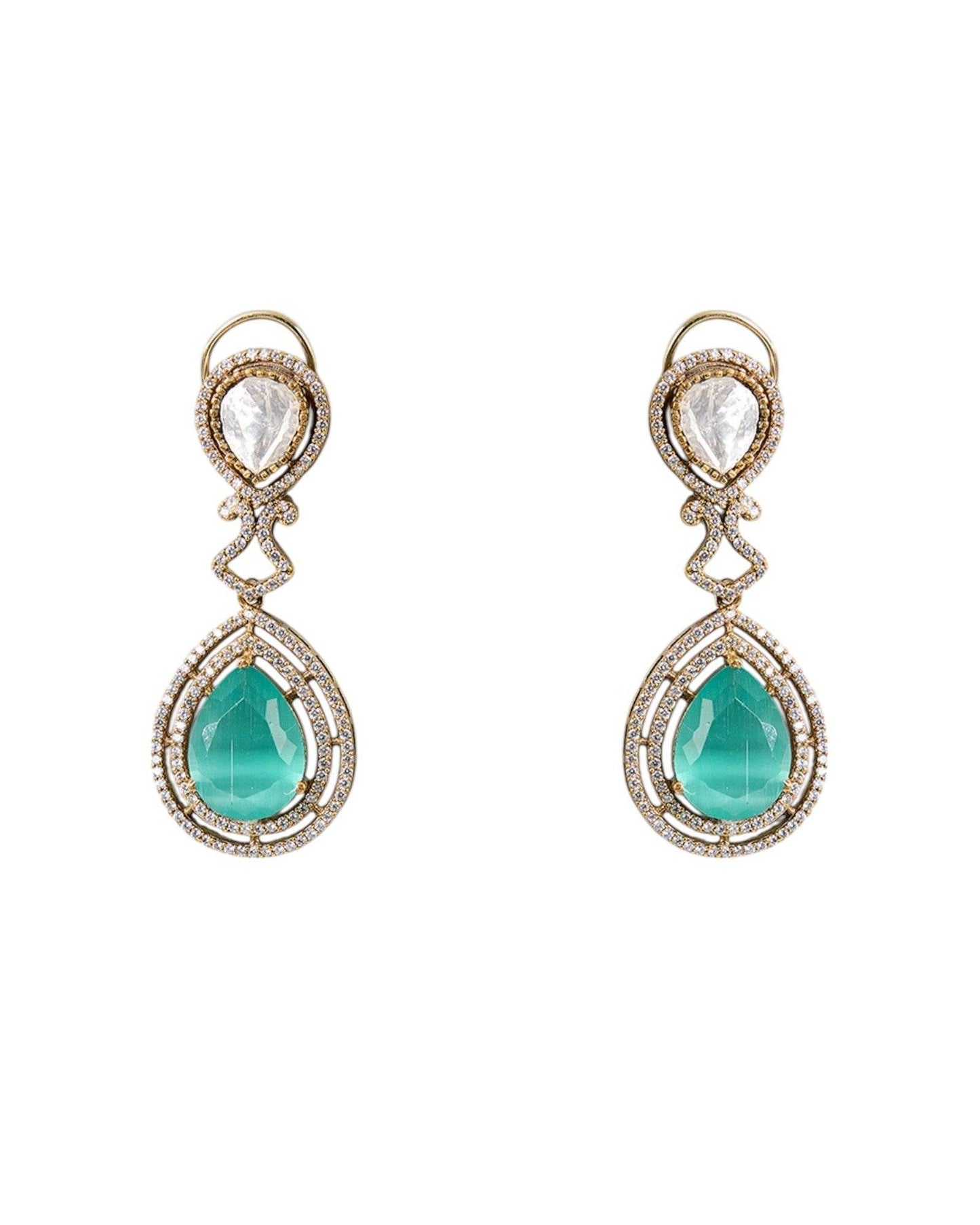 Gold Finish Kundan Polki Choker Necklace Set with Mint Green Drops – Bridal Jewelry Set - Auraa Trends