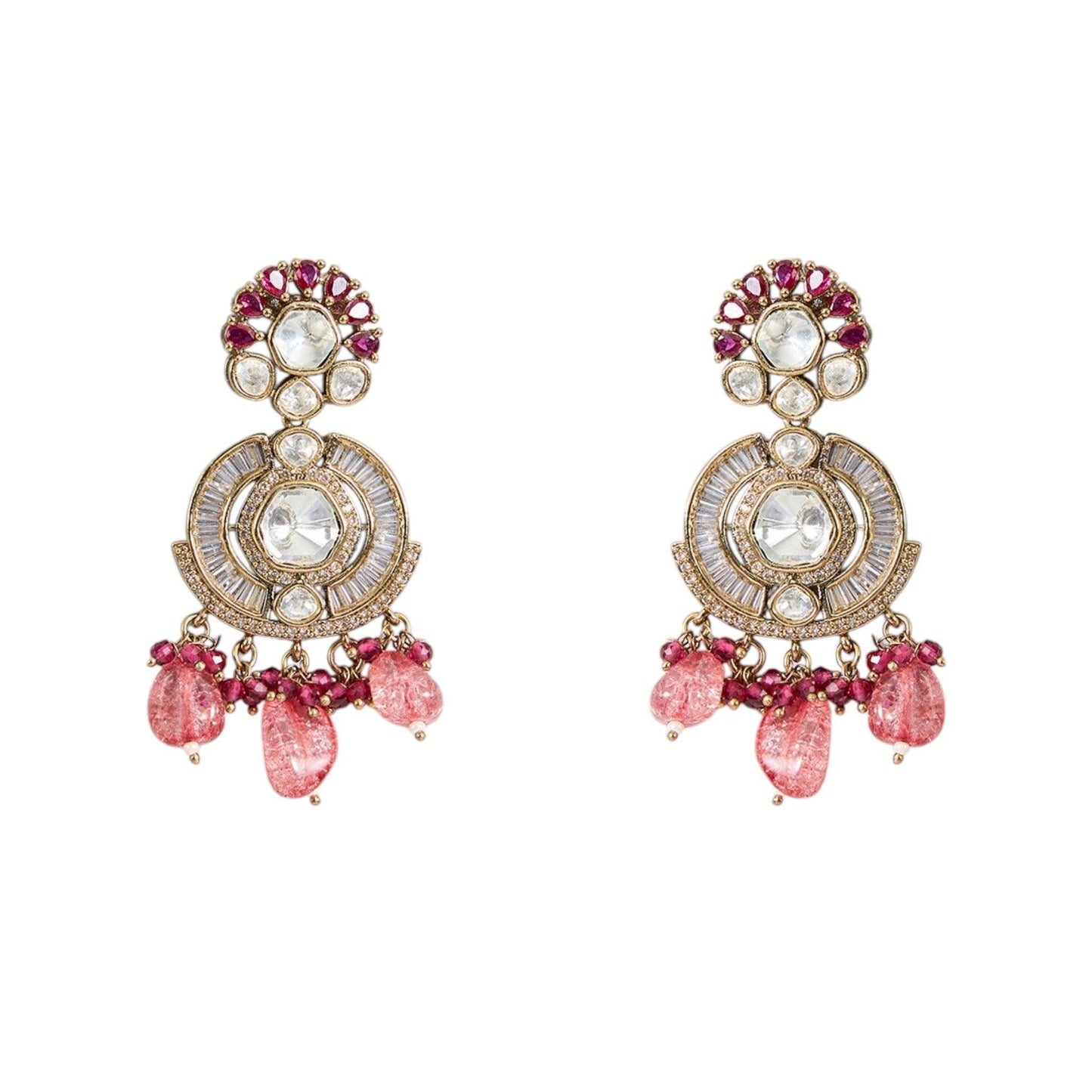 Gold-Finish Kundan Polki Choker Necklace Set with Pink Pearl Drops & Matching Dangler Earrings - Auraa Trends