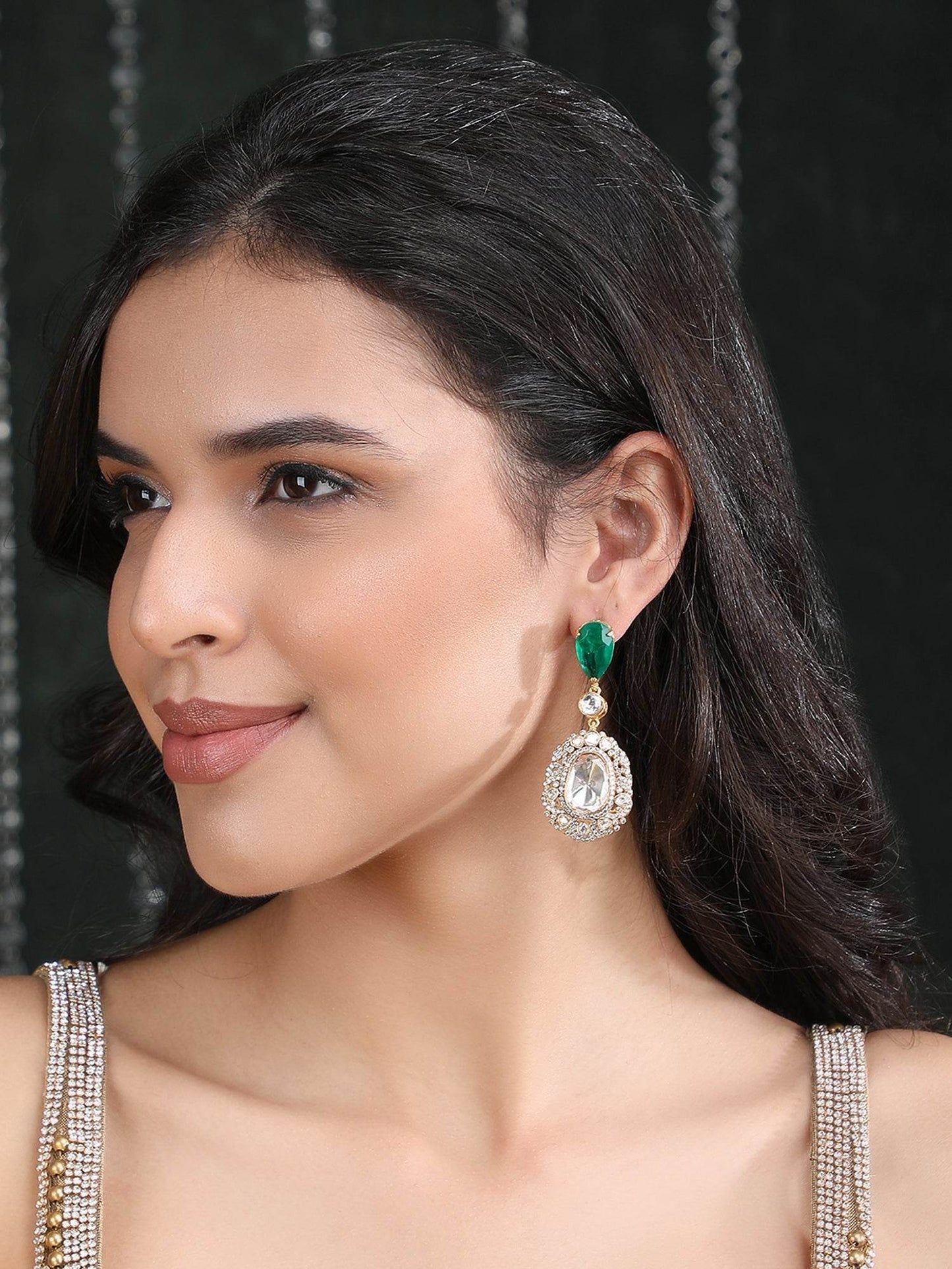Gold Finish Kundan Polki Dangler Earrings - Auraa Trends