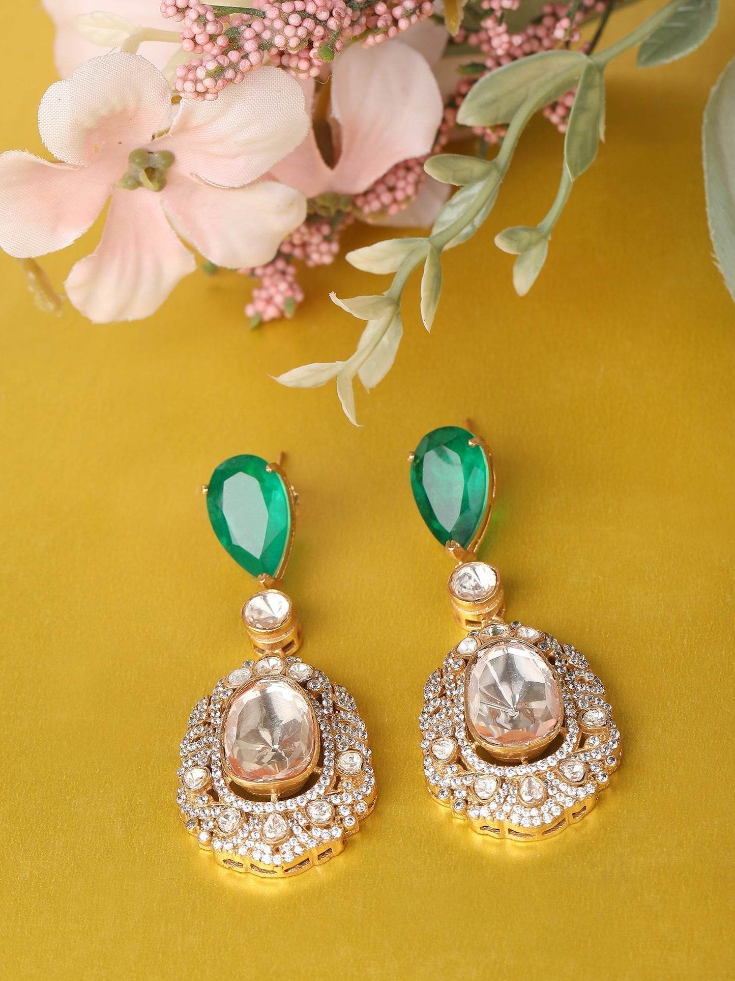 Gold Finish Kundan Polki Dangler Earrings - Auraa Trends
