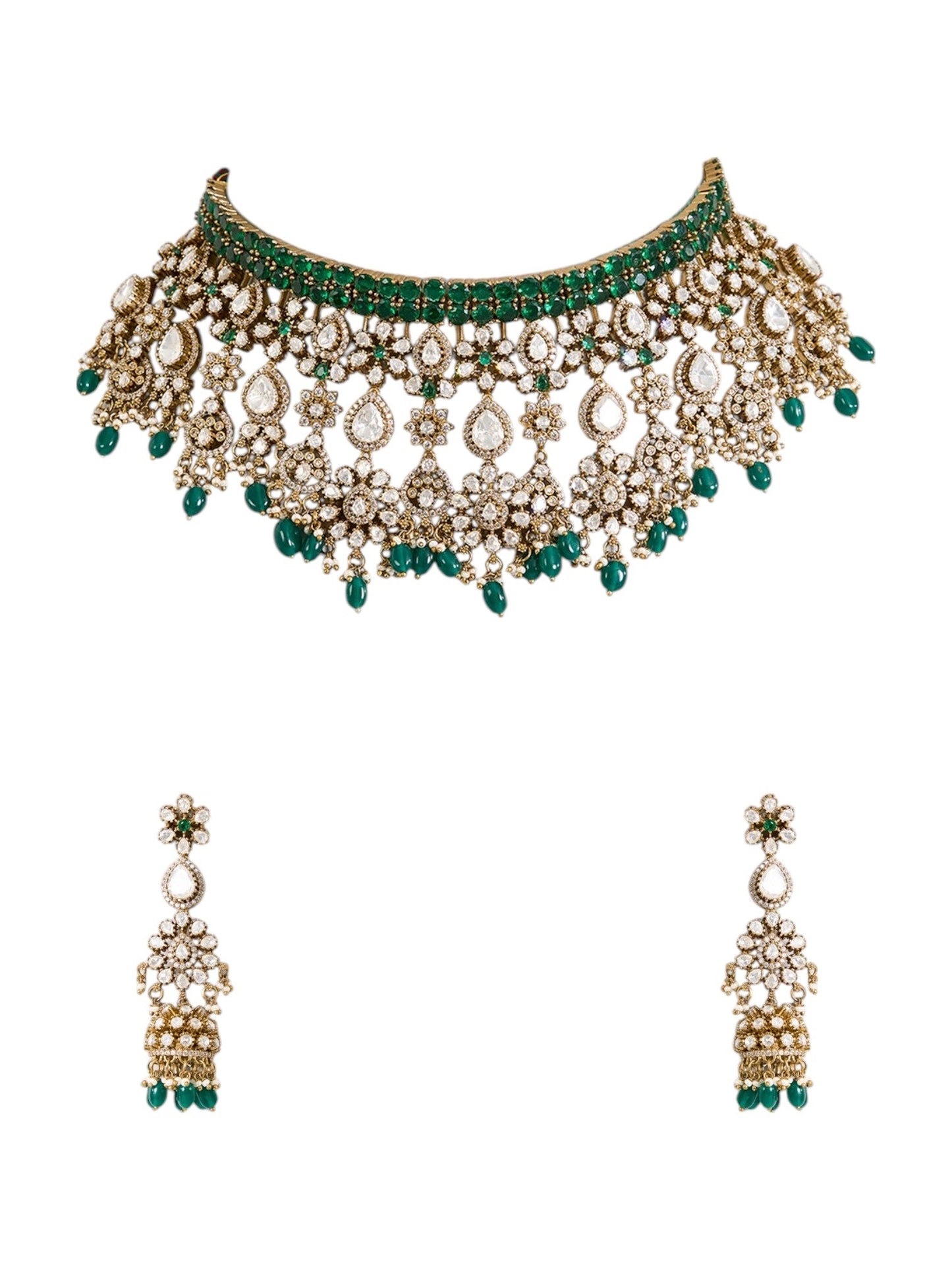 Gold Finish Kundan Polki & Deep Green Beaded Choker Necklace Set - Auraa Trends - Necklace - - Auraa Trends - Gold finish choker necklace with kundan polki and deep green beads Indian bridal choker set with kundan stones and dangler earrings Traditional green beaded kundan choker necklace set Gold plated kundan polki choker with matching dangler earrings
