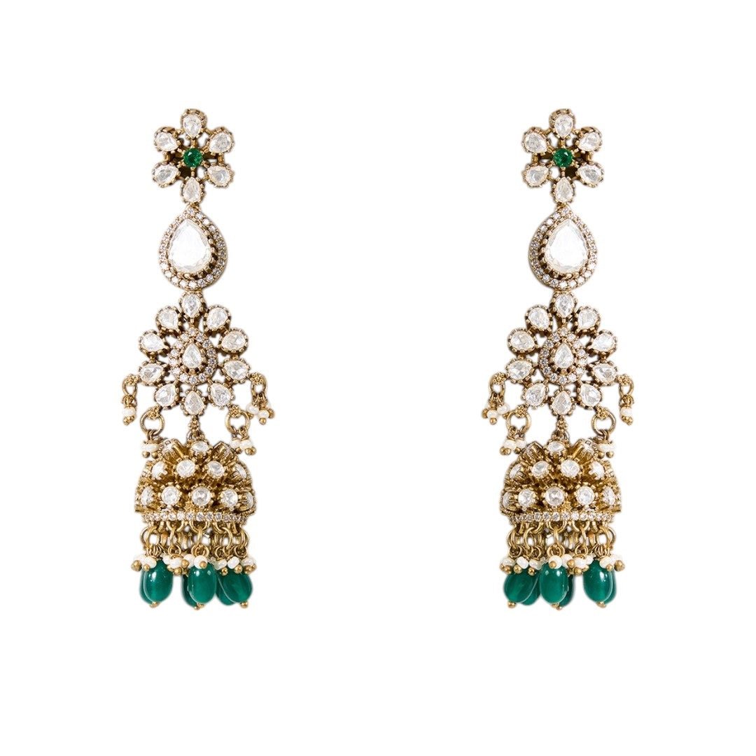 Gold Finish Kundan Polki & Deep Green Beaded Choker Necklace Set - Auraa Trends - Necklace - - Auraa Trends - Gold finish choker necklace with kundan polki and deep green beads Indian bridal choker set with kundan stones and dangler earrings Traditional green beaded kundan choker necklace set Gold plated kundan polki choker with matching dangler earrings